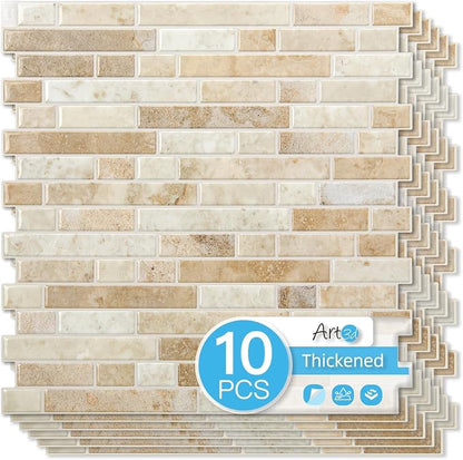 Art3d Linear Tile Peel and Stick Backsplash, 10-Pack, Eurasian Mocha Stone | 12 x 12 Inch, Enhanced Thickness, Warp Resistant, Strong Adhesion, Sturdy, for Kitchen, Bedroom, Ideal for Home Improvement