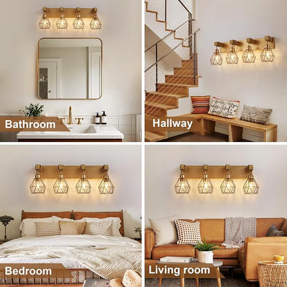 VbiTmn Bathroom Light Fixtures, 4 Light Brushed Gold Wood Vanity Lights | Farmhouse Design, Diamond Metal Shades, Easy to Install, Wall Sconces for Bathroom, Bedroom, Makeup Area, Over Vanity Mirror