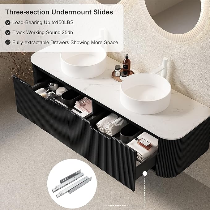 60 Inch Floating Bathroom Vanity with Double Sink, Modern Bathroom Vanities with Ultra-Thin Marble Countertop and Ceramic Sink, Soft-Close Design, Natural Solid Wood Cabinet, Pre-Assembled, Black