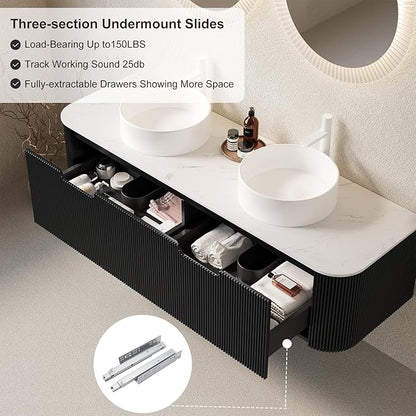 60 Inch Floating Bathroom Vanity with Double Sink, Modern Bathroom Vanities with Ultra-Thin Marble Countertop and Ceramic Sink, Soft-Close Design, Natural Solid Wood Cabinet, Pre-Assembled, Black