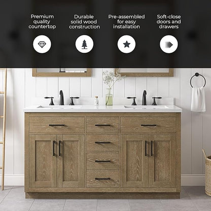 OVE Decors Bailey 60 in. Double Sink Freestanding Driftwood Oak Bathroom Vanity with White Quartz Top, Matching Backsplash and Power Bar