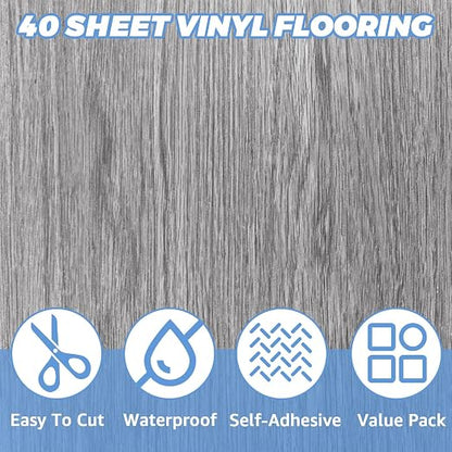 Vinyl Flooring 12"x12" Peel and Stick Floor Tile Vertical Grey Wood | 40 Sheet Waterproof Vinyl Floor Tiles Self Adhesive Floor Tiles Clearance Sticky Laminate Flooring Stick on Bathroom Kitchen