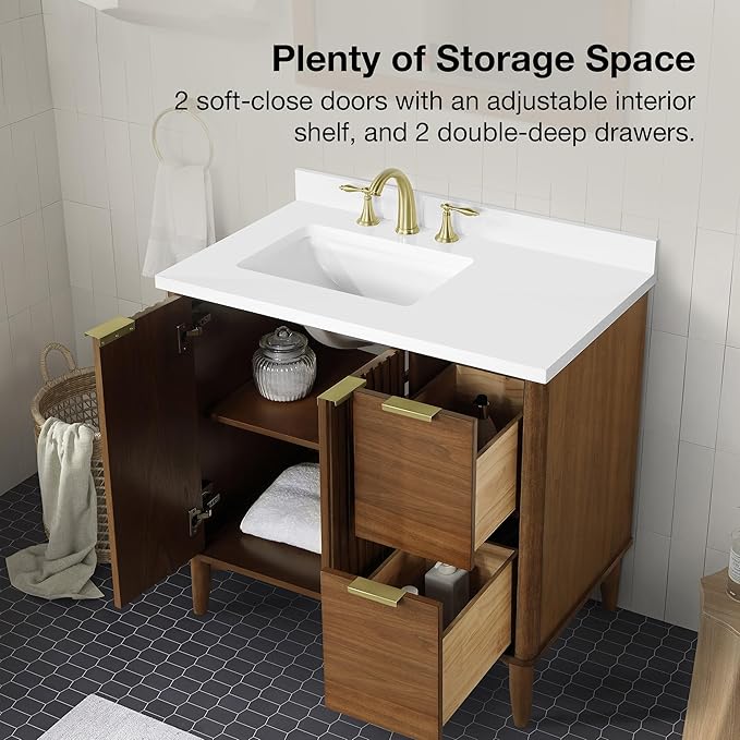 OVE Decors Indy 36 in. Undermount Single Sink Bathroom Vanity with White Engineered Marble Top, Warm Walnut