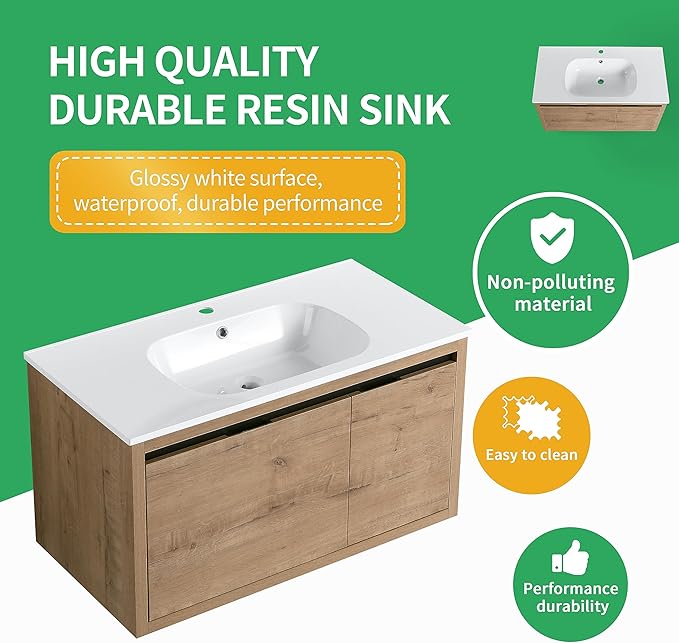 36 Inch Bathroom Vanity with Sink,Wall Mounted Bathroom Vanity Sink Combo w/Soft Close Door&Draw for Large Space,Modern Floating Bathroom Vanity w/Top Basin & Storage Cabinet,Brown
