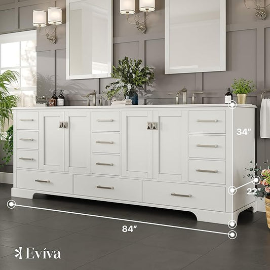 Eviva Storehouse Freestanding Double Sink Bathroom Vanities - White 84” Vanity with Sink and Countertop - Solid Wood Bathroom Sink Vanity