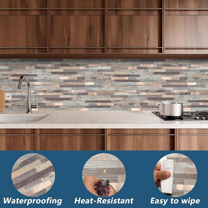 Yipscazo 2 Sheets Peel and Stick Stone Metal Backsplash Tiles, PVC Wall Tiles Stick on Backsplash for Kitchen, Bathroom (6'' X 12'', Rustic Wood)