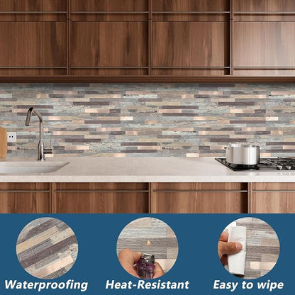 Yipscazo 2 Sheets Peel and Stick Stone Metal Backsplash Tiles, PVC Wall Tiles Stick on Backsplash for Kitchen, Bathroom (6'' X 12'', Rustic Wood)