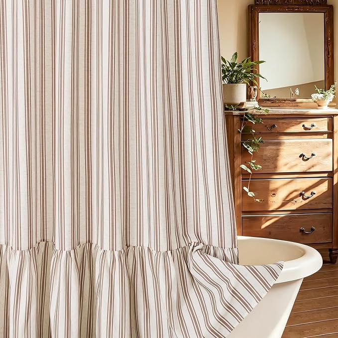 ORTIGIA Linen Textured Ruffle Shower Curtain 72x72 Inch with Metal Hooks, Vintage Cream-Brown Waterproof Bath Curtain for Rustic Farmhouse Bathroom Decor