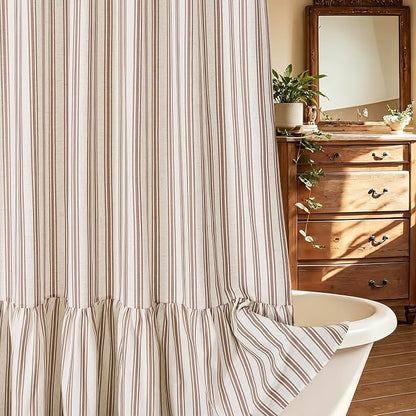 ORTIGIA Linen Textured Ruffle Shower Curtain 72x72 Inch with Metal Hooks, Vintage Cream-Brown Waterproof Bath Curtain for Rustic Farmhouse Bathroom Decor