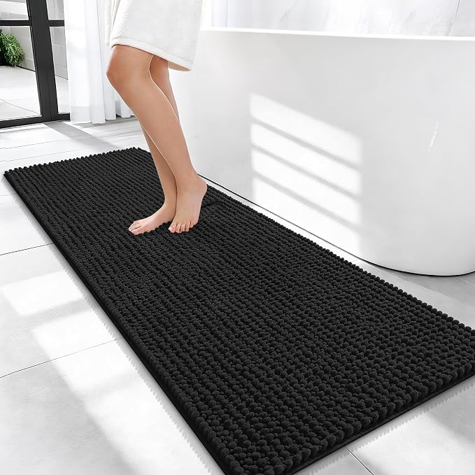 OLANLY Thick Chenille Bathroom Runner Rugs 47x20, Absorbent Bath Mat, Black | Soft Bath Rugs, Rubber Backing, Machine Wash Dry, Bath Mats for Bathroom, Tub and Shower, Home Decor Accessories