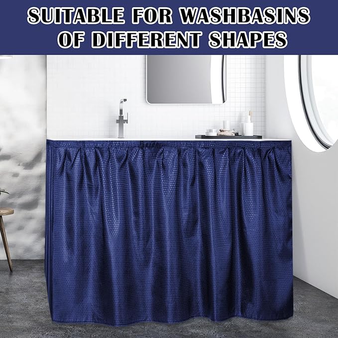 Fabric Sink Skirt Diamond Bathroom Stitch Self Stick Adhesive Waterproof Fabric Under Sink Curtain Skirt 55 x 32 Inch Adds Bathroom Storage(Dark Blue,Fashion Style)