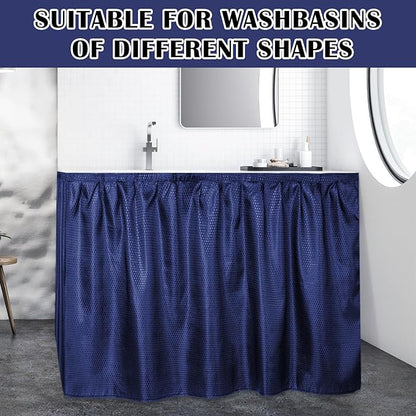 Fabric Sink Skirt Diamond Bathroom Stitch Self Stick Adhesive Waterproof Fabric Under Sink Curtain Skirt 55 x 32 Inch Adds Bathroom Storage(Dark Blue,Fashion Style)