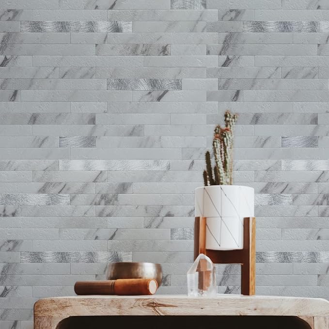 Art3d Faux Stone Peel & Stick Backsplash Tile, 10 pcs, Silver Trim Volakas | PVC, Multi-Style Decor Sheets, Waterproof, Traceless Peel, No Wall Damage, Ideal for Kitchen