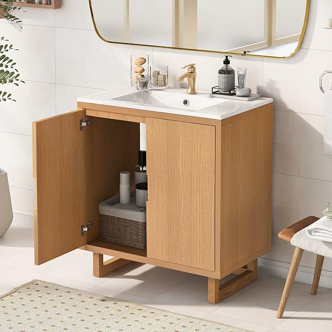 Favfurish 30" Bathroom Vanity with Resin Sink,Undermount Single Basin Bath Vanity Set w/2 Soft Closing Doors,Transitional Freestanding Storage Cabinet,Solid Wood Frame,Burly Wood