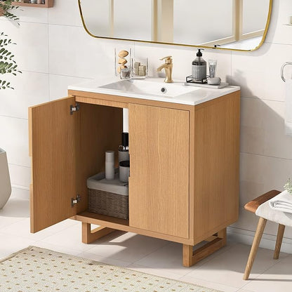 Favfurish 30" Bathroom Vanity with Resin Sink,Undermount Single Basin Bath Vanity Set w/2 Soft Closing Doors,Transitional Freestanding Storage Cabinet,Solid Wood Frame,Burly Wood