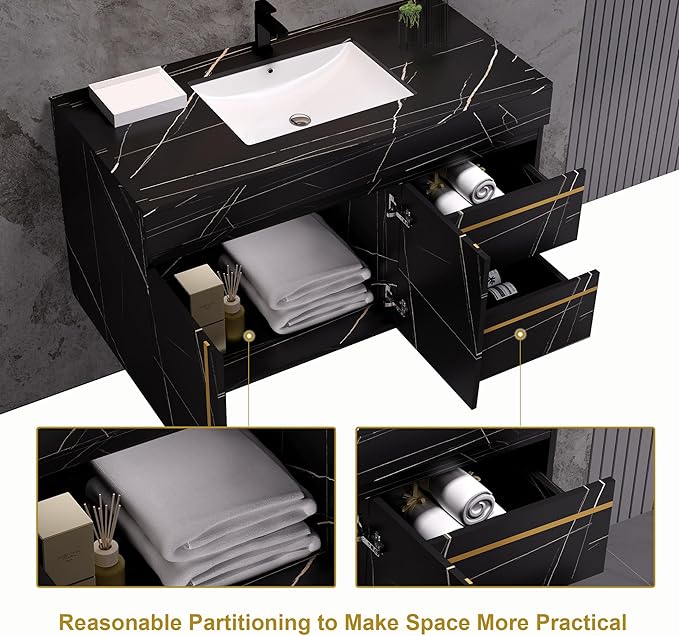 Pvillez 36 inch Bathroom Vanity with Ceramic Sink and Sinter Stone Marble Counter Top Modern Black Wall Mounted Floating Bathroom Sink Cabinet with 2 Drawers, 1 Cupboard and Gold Metal