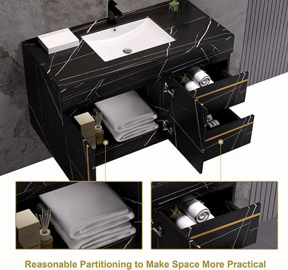 36" Bathroom Vanity in Faux Marble Modern Wall Mounted Floating Bathroom Vanities Set with Ceramic Sink 36-inch Wood Modern Bathroom Sink Stroage Cabinet with Gold Metal Handle