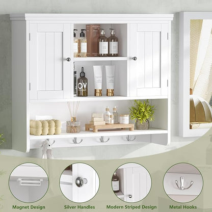 Bathroom Wall Cabinet with Doors and Hooks, 3-Tier Wall Mounted Cabinet | Modern Medicine Cabinet with 3 Open Shelves, Over the Toilet Storage Cabinet for Kitchen, Laundry Room, Living Room, White