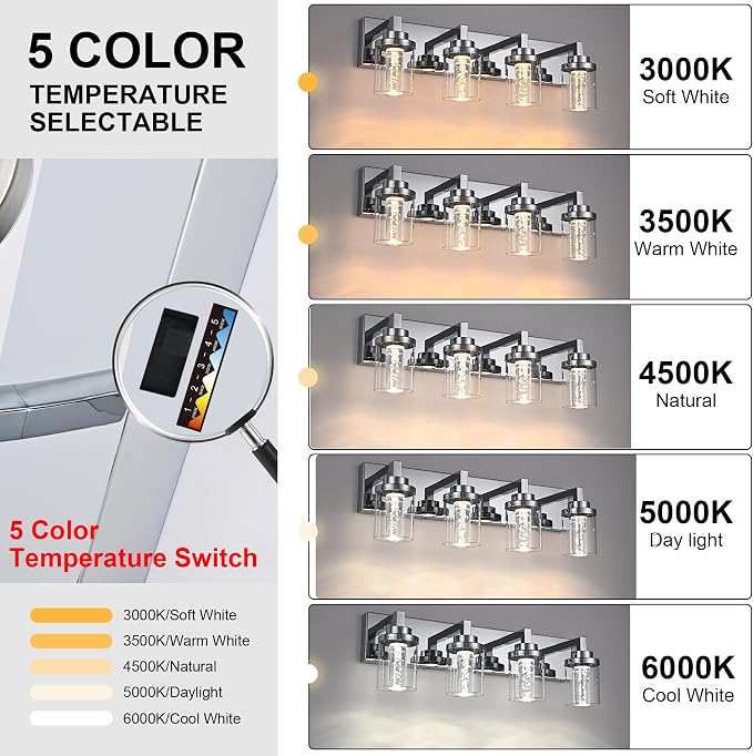 MELUCEE Modern LED Bathroom Vanity Light Bar Chrome, 5CCT Adjustable | Bubble Crystal Vanity Lights Over Mirror 3 Light Bath Wall Light Fixture with Clear Glass Shade, Built-In LED Chips