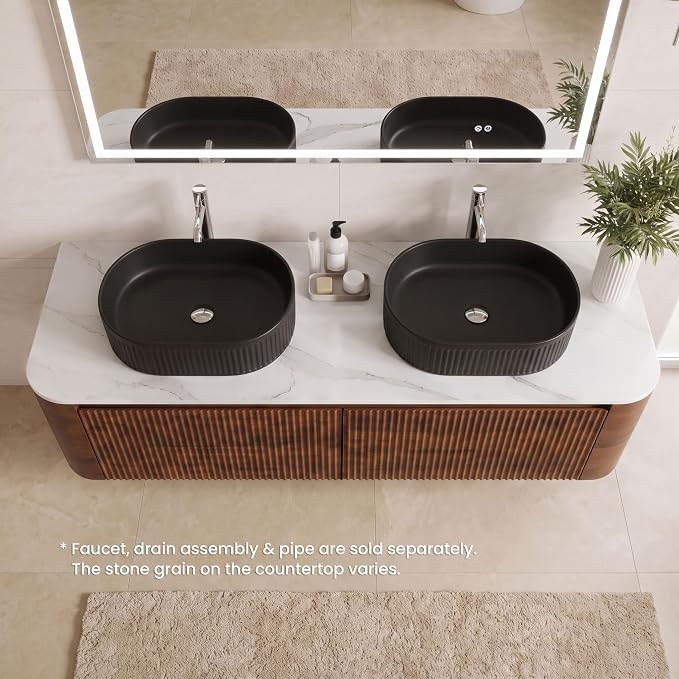 60" Preassembled Double Floating Bathroom Vanity with Black Sink, Walnut | Mid-Century Modern Style, Fluted & Soft-Close Drawer with U-shaped Wall, Sinterted Stone Countertop, Towel Rack Included