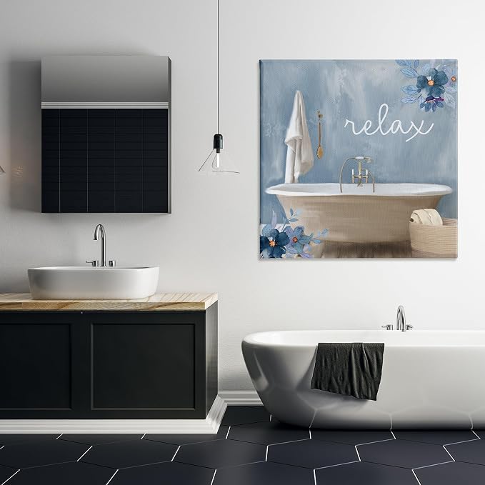 Blue Floral Bathroom Relaxation, 36 x 36 Inch Canvas Wall Art | Stupell Industries · By Kim Allen · Ready to hang · Calm bath and laundry decor · Made in USA