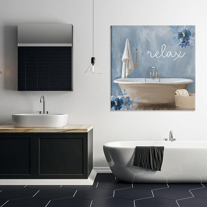 Blue Floral Bathroom Relaxation, 36 x 36 Inch Canvas Wall Art | Stupell Industries · By Kim Allen · Ready to hang · Calm bath and laundry decor · Made in USA