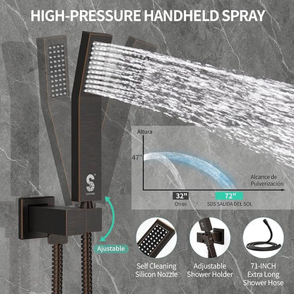 SR SUN RISE 12 Inch All Metal Square Shower System with Tub Spout, Tub Shower Faucet Set, High Pressure Rain Shower Head and Handheld Sprayer Shower Fixtues, Valve Included, Oil-Rubbed Bronze