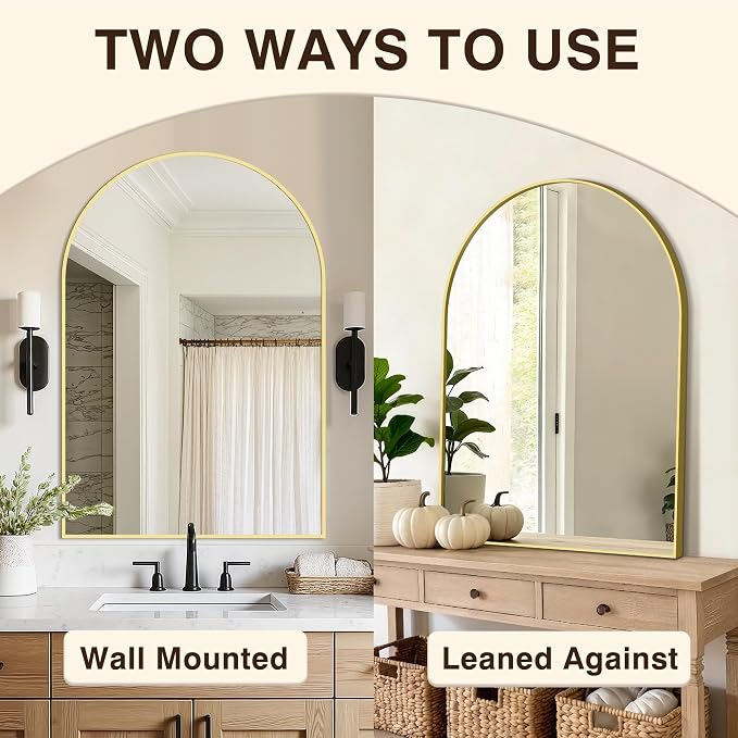 Arched Bathroom Vanity Mirror for Over Sink, 2 Pack 38”x26”, Gold | HD Tempered Glass, Anti-Rust Metal Frame, Hanging or Leaning, Wall Mirrors for Bathroom Sink, Bedroom, Living Room, Entryway