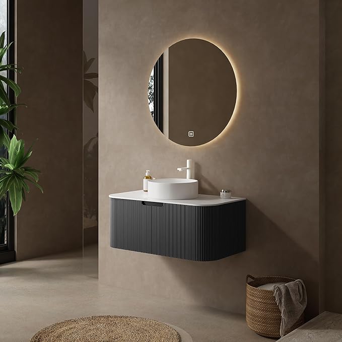 Yayzy 30" Floating Bathroom Vanity with Sink, Solid Wood Fluted Cabinet, White Round Ceramic Basin & Faux Marble Top, Soft-Close Drawer, Pre-Assembled, Gloss Black