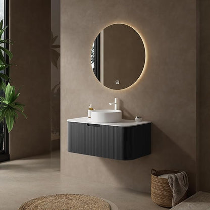 Yayzy 24" Floating Bathroom Vanity with Sink, Solid Wood Fluted Cabinet, White Round Ceramic Basin & Faux Marble Top, Soft-Close Drawer, Pre-Assembled, Gloss Black