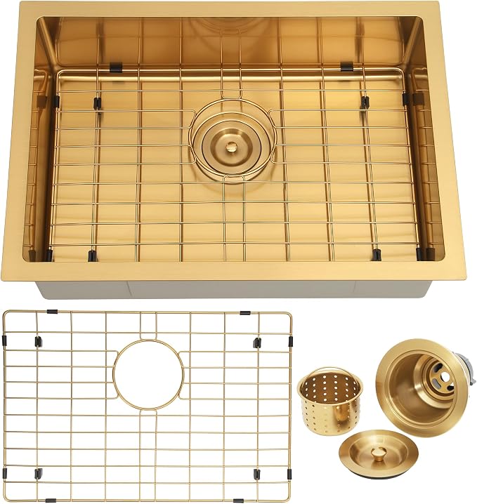 Kitsitchen Gold RV Kitchen Sink,16 Gauge T304 Stainless Steel Undermount Kitchen Sinks with Strainers & Bottom Gird, 23" x 16" x 7" Single Bowl Drop In Kitchen Sink for RV, Outdoor,Bathroom,Camper