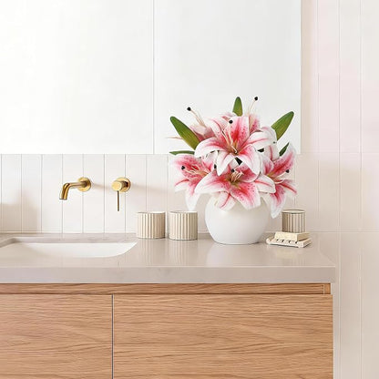 Artificial Lily Flowers with Ceramic Vase, Pink Silk Lily Flower Arrangement, Fake Flowers in Vase Centerpiece, Artificial Floral Arrangement for Table Decor, Shelf, Bathroom, Wedding, Home Decoration