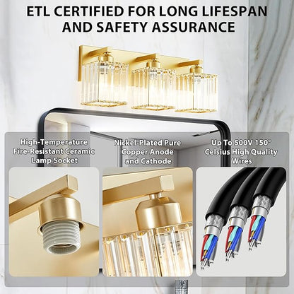 Bathroom Vanity Light Fixtures Over Mirror - Makeup Lighting Pure Gold - for Modern Wall, Bath, Desk, Farmhouse, Hallway 3 Crystal Lights