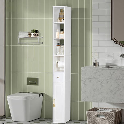 VECELO Narrow Bathroom Storage Cabinet, 67" Tall Cabinet Organizer with Toilet Paper Holder, Anti-Tip Device, 3 Adjustable Shelves, Drawer & Magnetic Door for Small Spaces, White