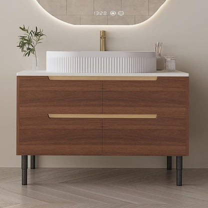 36 inch Bathroom Vanity with Sink and Countertop, Modern Freestanding Bathroom Vanity Cabinet with Oval Ceramic Vessel Sink, 4 Soft Closing Drawers, Adjustable Metal Legs, 2-in-1 Installation, Walnut