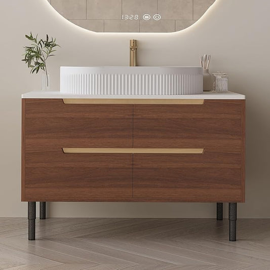 36" Bathroom Vanity with Above Oval Sink Set, Modern Walnut 2-in-1 Wall Mounted & Freestanding Bathroom Vanity Cabinet with Sintered Stone top&4 Storage Drawers, Bathroom Single Sink Cabinet