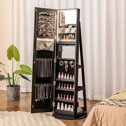 CHARMAID 360° Swivel Jewelry Armoire with Full Length Mirror, Rear Storage Shelves, Lockable Standing Jewelry Cabinet Organizer with Interior Vanity Mirror and 3-Color Lights (Black)