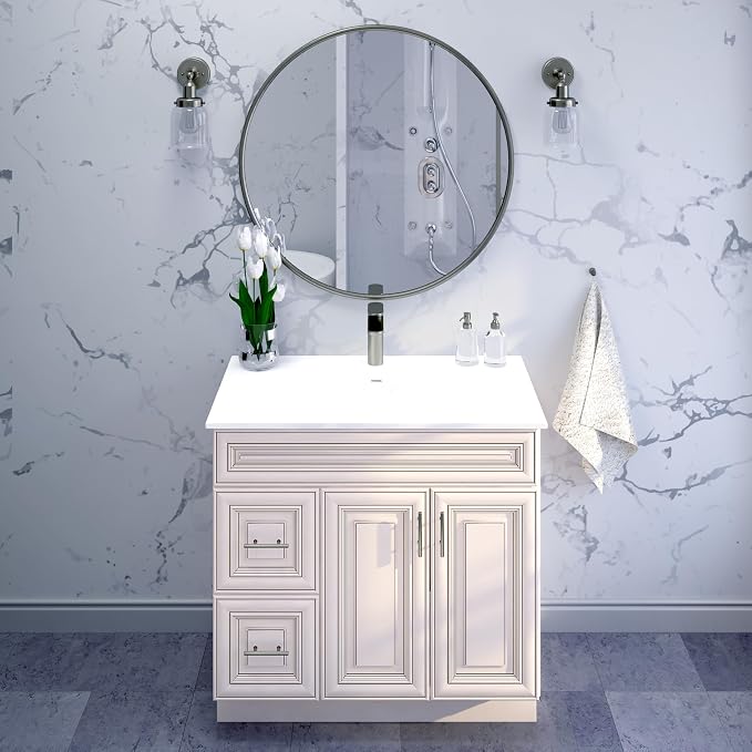 36” Antique White Bathroom Vanity Base – Ready-to-Assemble Sink Cabinet with Drawers, Raised Panel Storage, Base Only, No Top or Sink