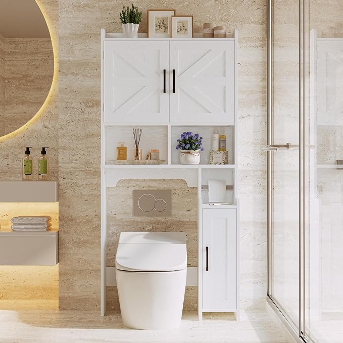 IRONCK 67 in Over The Toilet Storage Cabinet with Adjustable Shelves White | waterproof; side cabinet; toilet paper holder; anti-tip stable frame; bathroom laundry room; barn door farmhouse decor