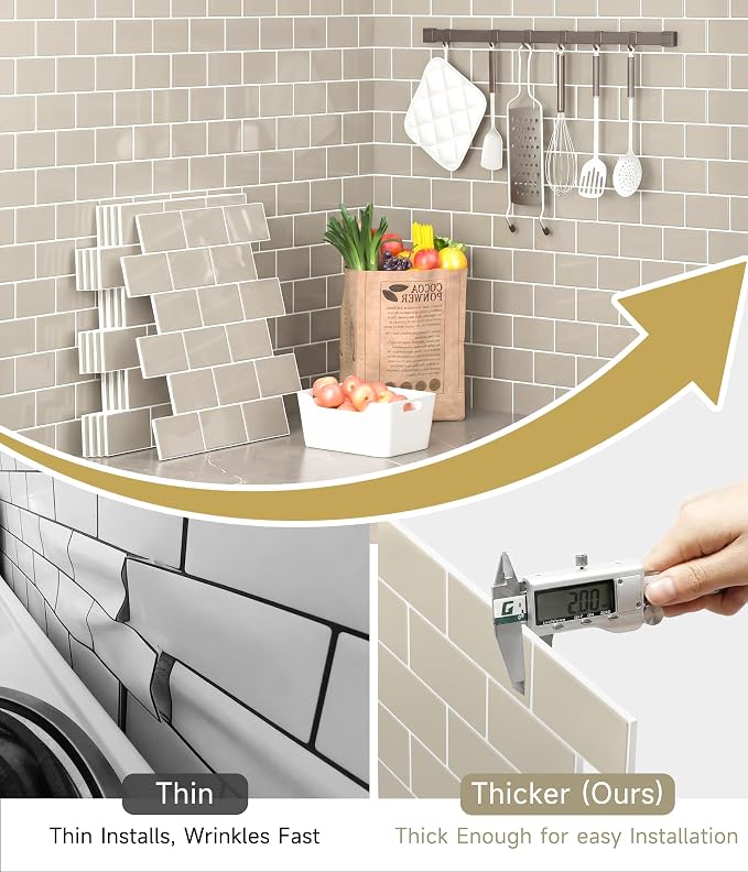 Peel and Stick Backsplash for Kitchen: Self Adhesive Wall Tiles for Bathroom - Vinyl Thick Back Splash Tile (10, Light Coffee)