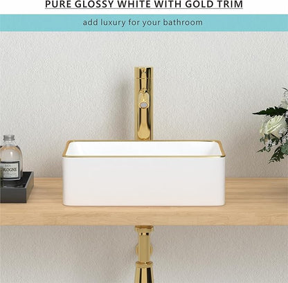 J-FAMILY 14.5'' x 10.6'' Small Vessel Sink Bathroom Above Counter White Porcelain Ceramic Rectangular Sink Bowl Gold Trim Decoration Small Vanity Sink Lavatory Wash Basin