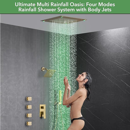 VANFOXLE Shower Faucet Set Brushed Rose Gold Shower System,Shower Faucet with 2 in 1 Handheld,Ceiling Mount 16 Inch LED Shower Head+6 Inch Shower Head(Rough-in Valve Body and Trim)