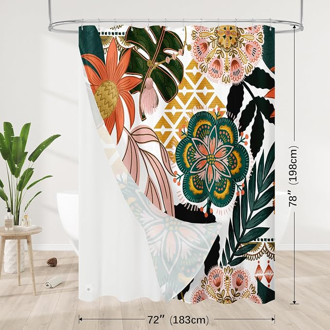 3 in 1 Pink Floral Shower Curtain Set with PEVA Liner & 12 Hooks, 72 x 78 | Boho Tropical Botanical Style, Farmhouse Floral Fabric, Modern Hotel Inspired, Water‑Repellent, Machine Washable