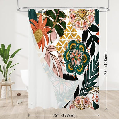 3 in 1 Pink Floral Shower Curtain Set with PEVA Liner & 12 Hooks, 72 x 78 | Boho Tropical Botanical Style, Farmhouse Floral Fabric, Modern Hotel Inspired, Water‑Repellent, Machine Washable