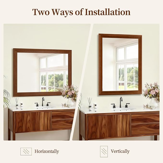 Wood Grain Finish Bathroom Mirrors for Wall 24 x 36 Inch, Brown | Rustic Rectangle Mirrors with Tempered Glass for Living Room Bedroom Office or Entryway, Brown Frame