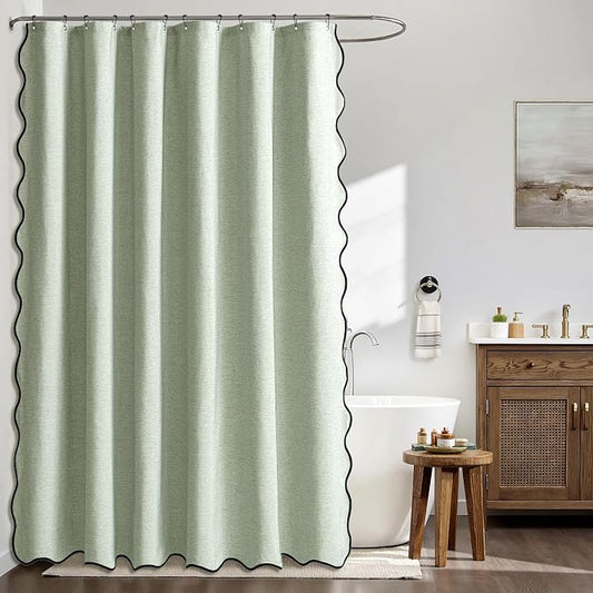 MIULEE 72"x84" Extra Long Scalloped Linen Shower Curtain Sage Green | Linen Textured, Waterproof, Washable, 12 Metal Hooks, Heavy Duty Cloth, Black Border, Shower Curtain for Bathroom Bathtub
