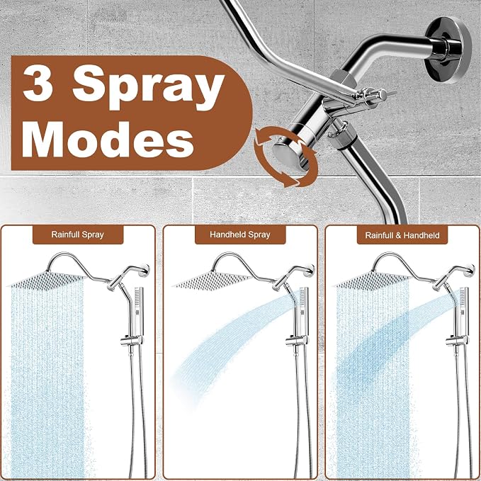 Shower Head, 12" Rain Shower Head with Handheld Spray Combo, High Pressure Rainfall Rectangle Shower Heads with Extension Arm Wide Dual Showerhead with Shower Slide Bar, Bathroom Accessories, Chrome