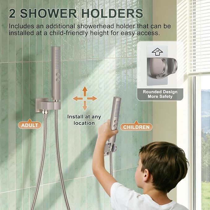 Rain Shower System with Rough-in Valve, Wall Mount Shower Faucet Set with 12" & 6" Dual Rain Shower Heads, 2-in-1 Handheld Shower, Tub Spout, 4-Function Complete Shower Fixture, Brushed Nickel