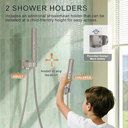 Rain Shower System with Rough-in Valve, Wall Mount Shower Faucet Set with 12" & 6" Dual Rain Shower Heads, 2-in-1 Handheld Shower, Tub Spout, 4-Function Complete Shower Fixture, Brushed Nickel