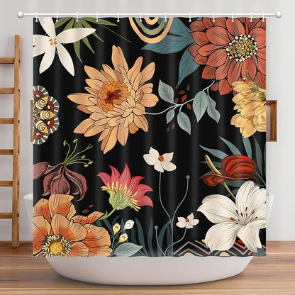Shower Curtain Boho Floral, Tropical Summer shower curtain Mid-Century Abstract Boho Flowers Chic Shower Curtain Set Waterproof Polyester Fabric Machine Washable Home Farmhouse Decor Bath Curtains